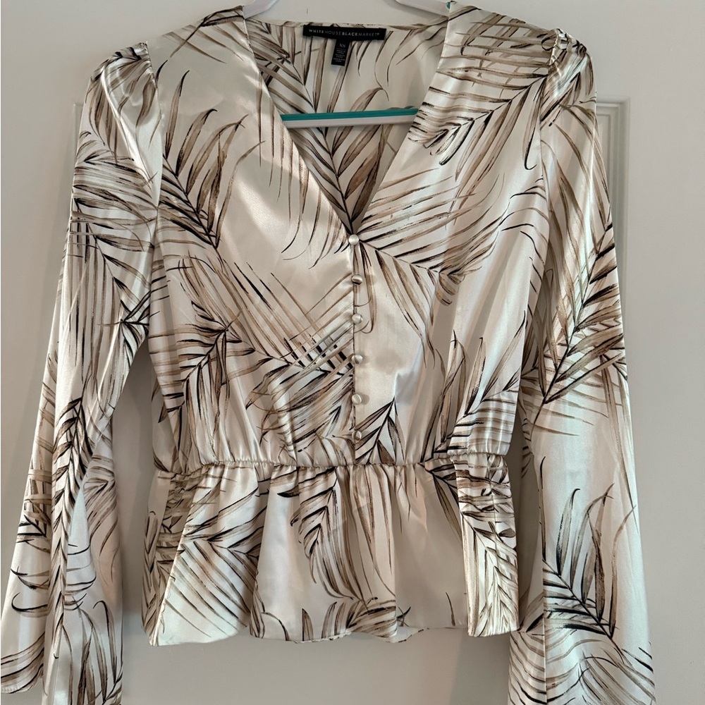 White House Black Market Cream and Black Leaf Print Blouse